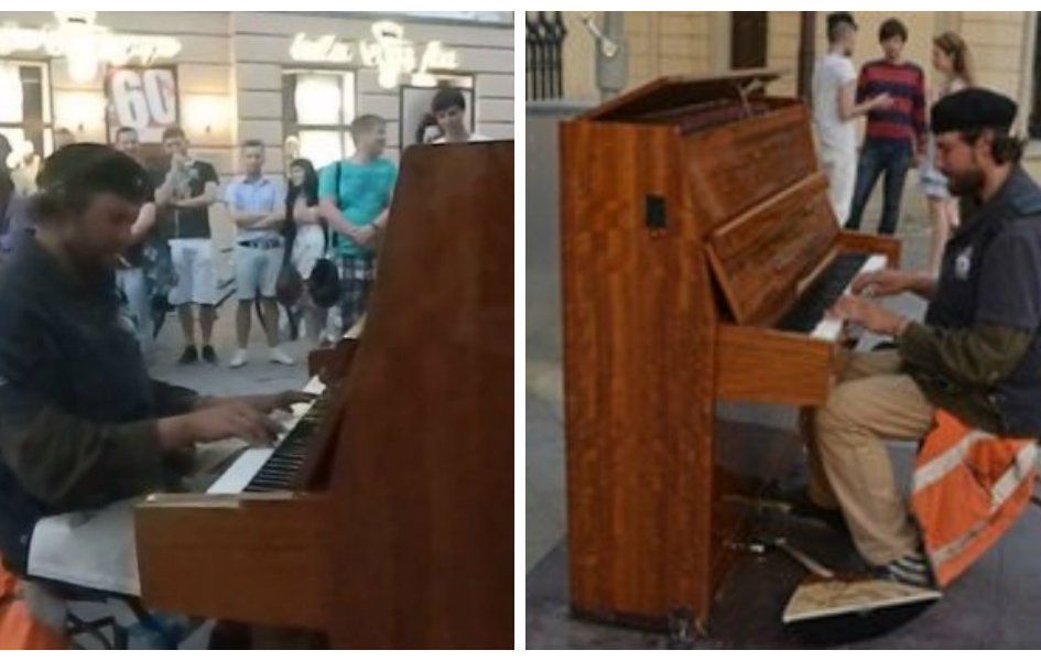 A homeless person got a hand, playing street piano in Lviv.